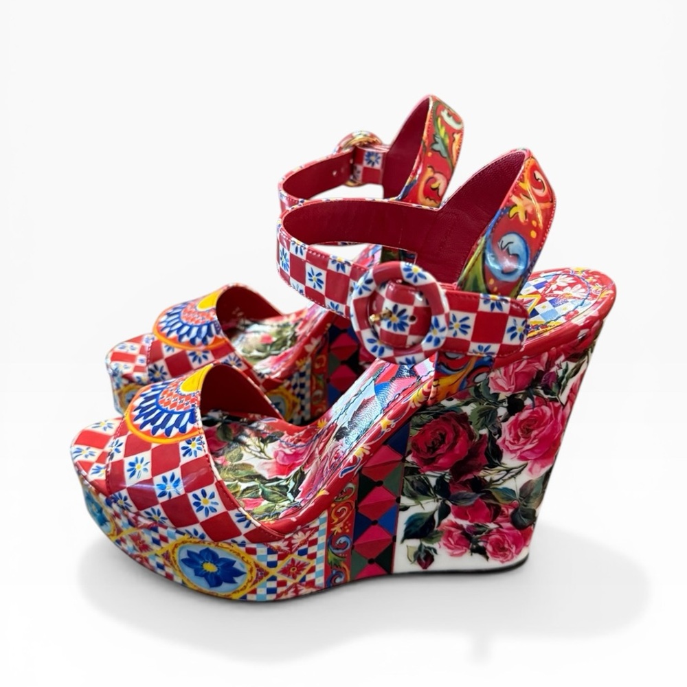 Dolce & Gabbana Mambo Rose Print Patent Leather Wedge Sandals EU 36.5 US 6.5